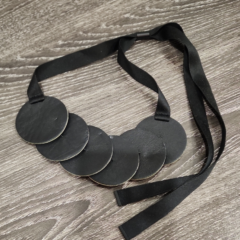 Vintage Black Leather Like Circle Statement Adjustable Ribbon Necklace